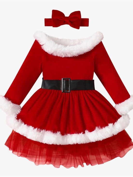 abafip Other - Red Faux-Fur Trim Holiday Velvet Dress with Belt and Bow